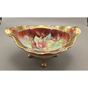 Vintage  E W Donath Hand Painted Oval Footed Bowl With Wide Gold Trim